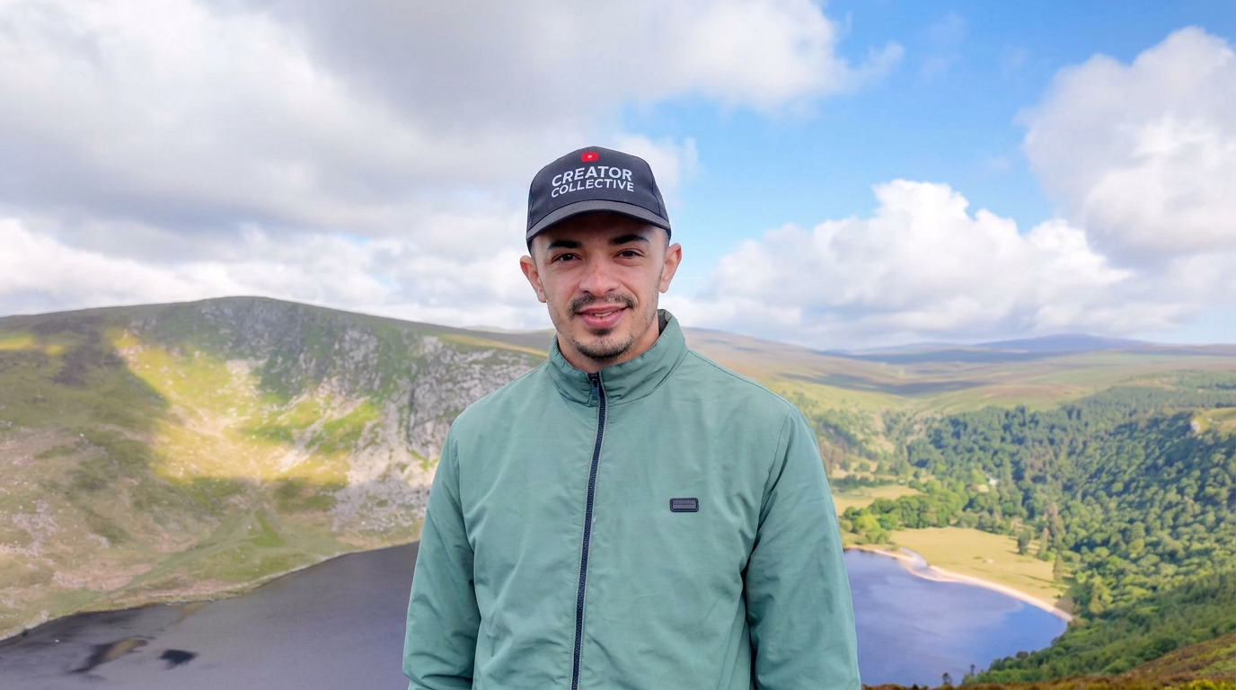 Amauri com jaqueta verde, com montanhas e lago da Irlanda ao fundo